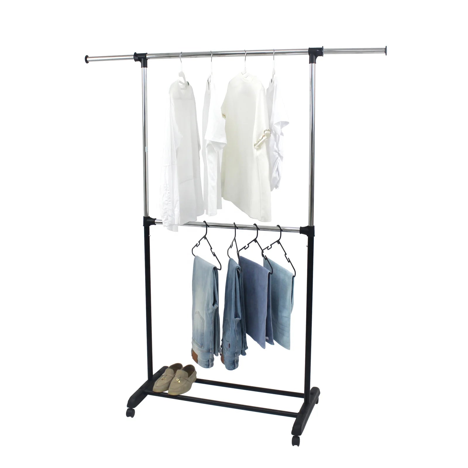Adjustable Height Extensible Stainless Steel Organizer  Rod Portable Clothing Hanging Garment Rack with Commodity Shelf