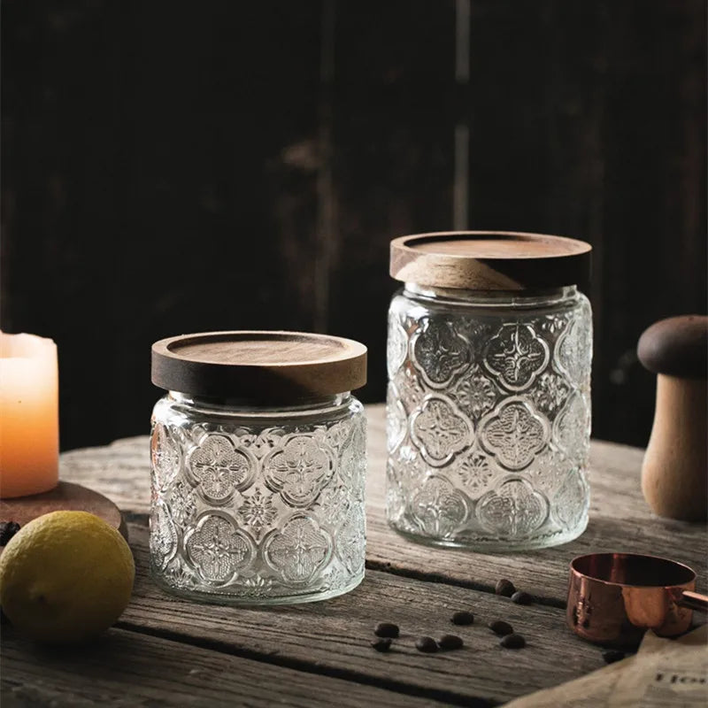 Home Organization Food Storage Container Kitchen Airtight Bamboo Frosted Glass Storage Jar with Wood Lid