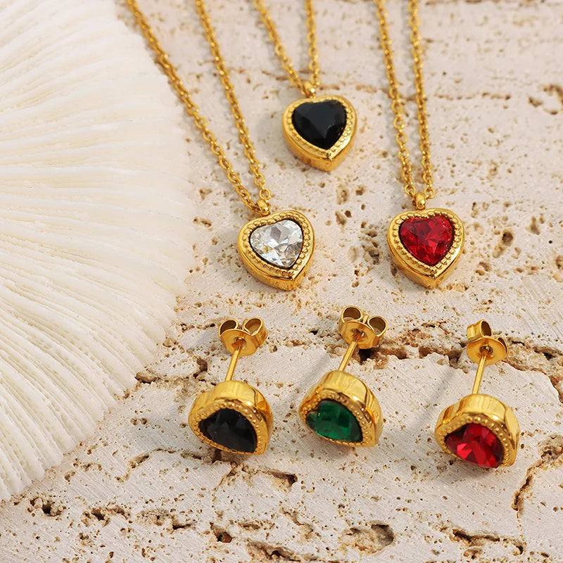 2022 New Arrival Ocean Red Blue Heart Earrings Necklace Non Tarnish Stainless Steel Diamond Ruby Sapphire Heart Necklace Set
