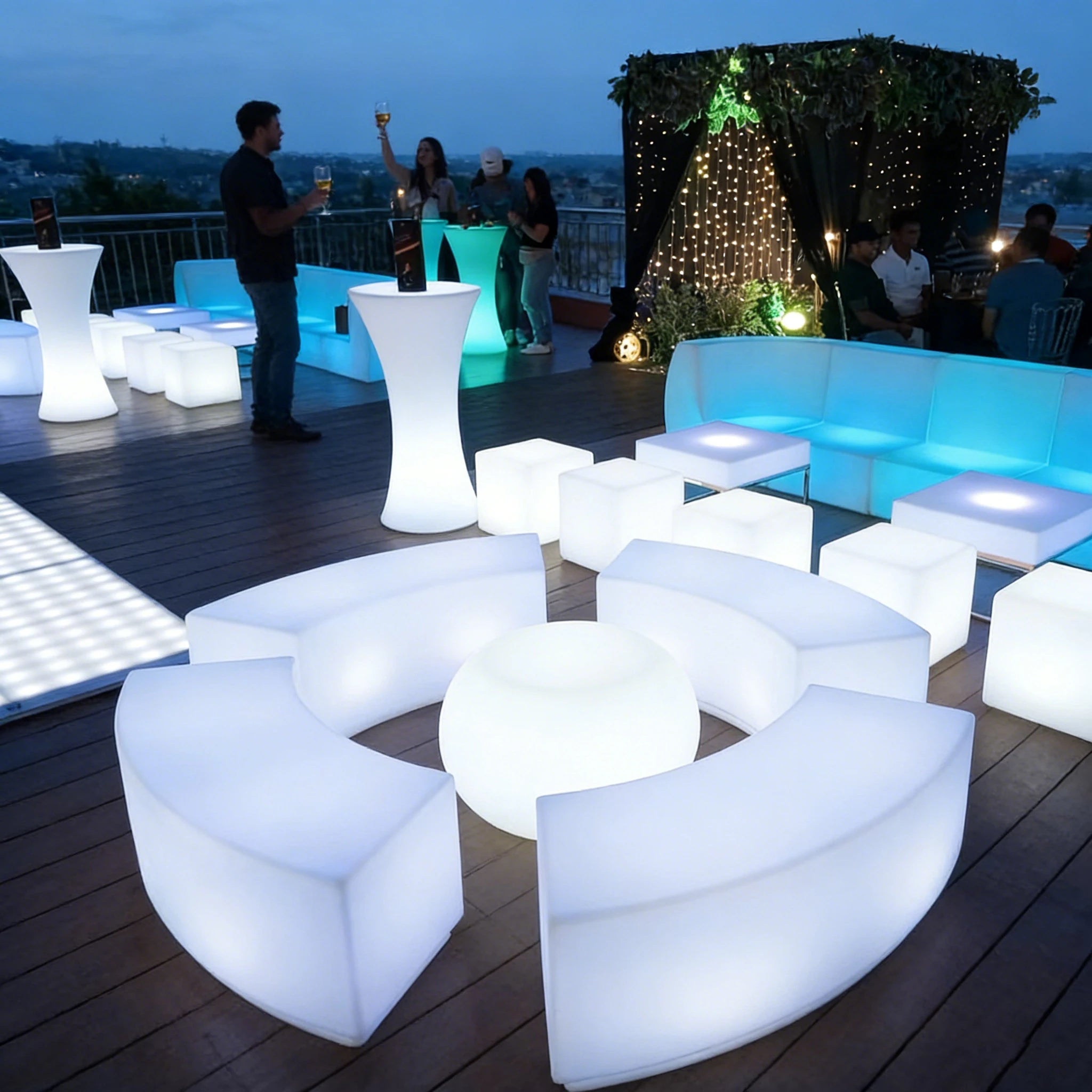 Modern LED Lighted Bar Stool Table 4 Chair Set Plastic IP65 Waterproof Outdoor Furniture for Hotel Warehouse Courtyard Entry