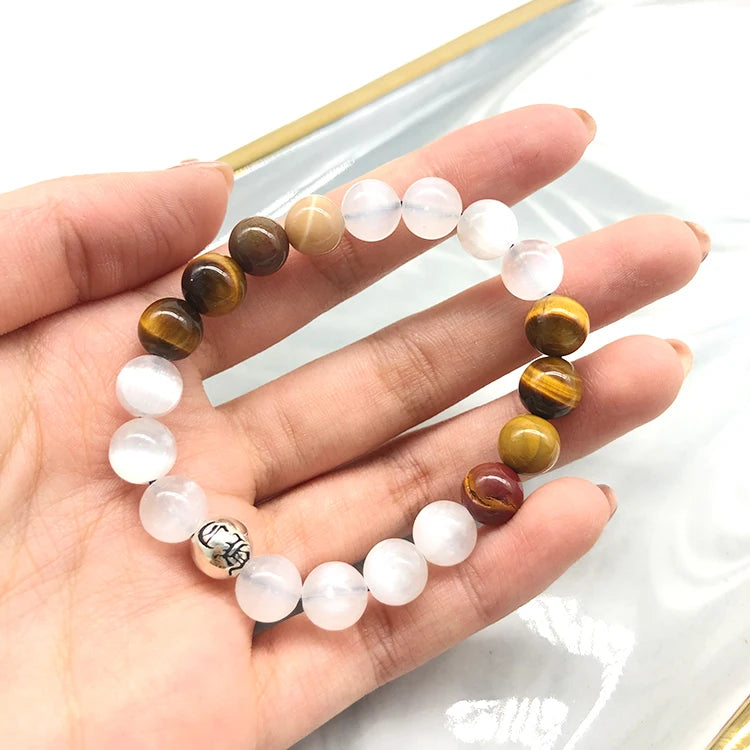 Vintage Thai 925 Sterling Silver Bracelet Natural Brown Tiger Eye Mookaite Jasper Selenite Beads 7\" Ball Shape Sanskrit Symbol