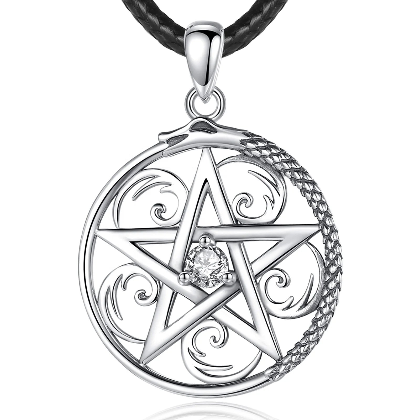 Original Design 925 Sterling Silver Wiccan Star Tetragrammaton Pentagram Pendant Necklace with Cubic Zirconia