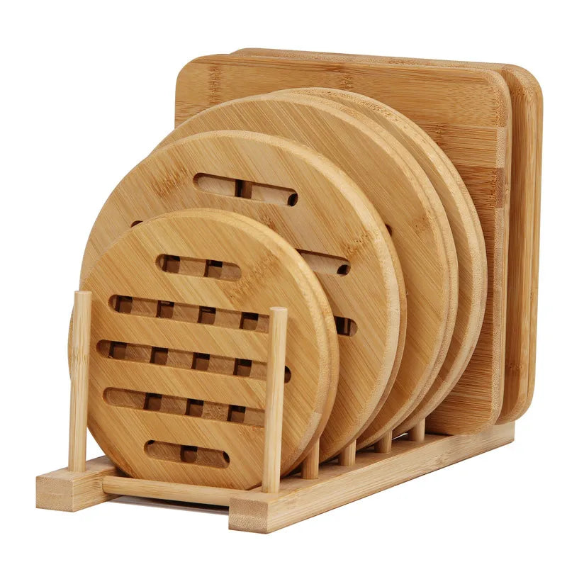 Custom Logo Round Square Coaster Bamboo Heat Insulation Kitchen Dinner Table Mats Sets Trivet Pots Pans Placemat for Home Decor
