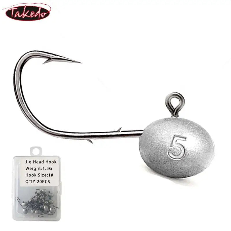 TAKEDO 20PCS/BOX 1.5G 2.5G 3.5G 5G Root Fishing Hook Jig Head Double Back Barbed Fish Hooks Soft Worm Hook for Bass Catfish