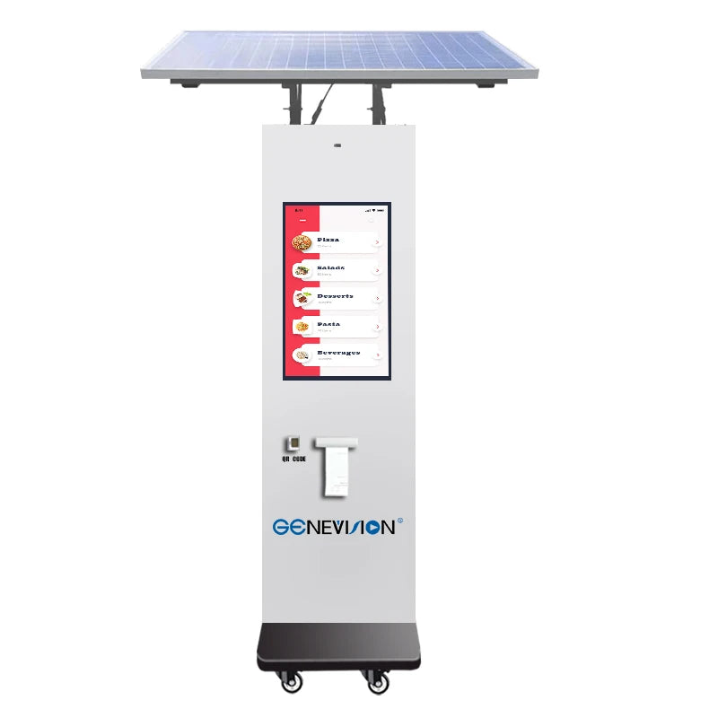 Waterproof Outdoor 21.5-27 Inch Outdoor Restaurant Touch Screen Ordering Kiosk Tickets Ordering Dispenser With Solar Battery