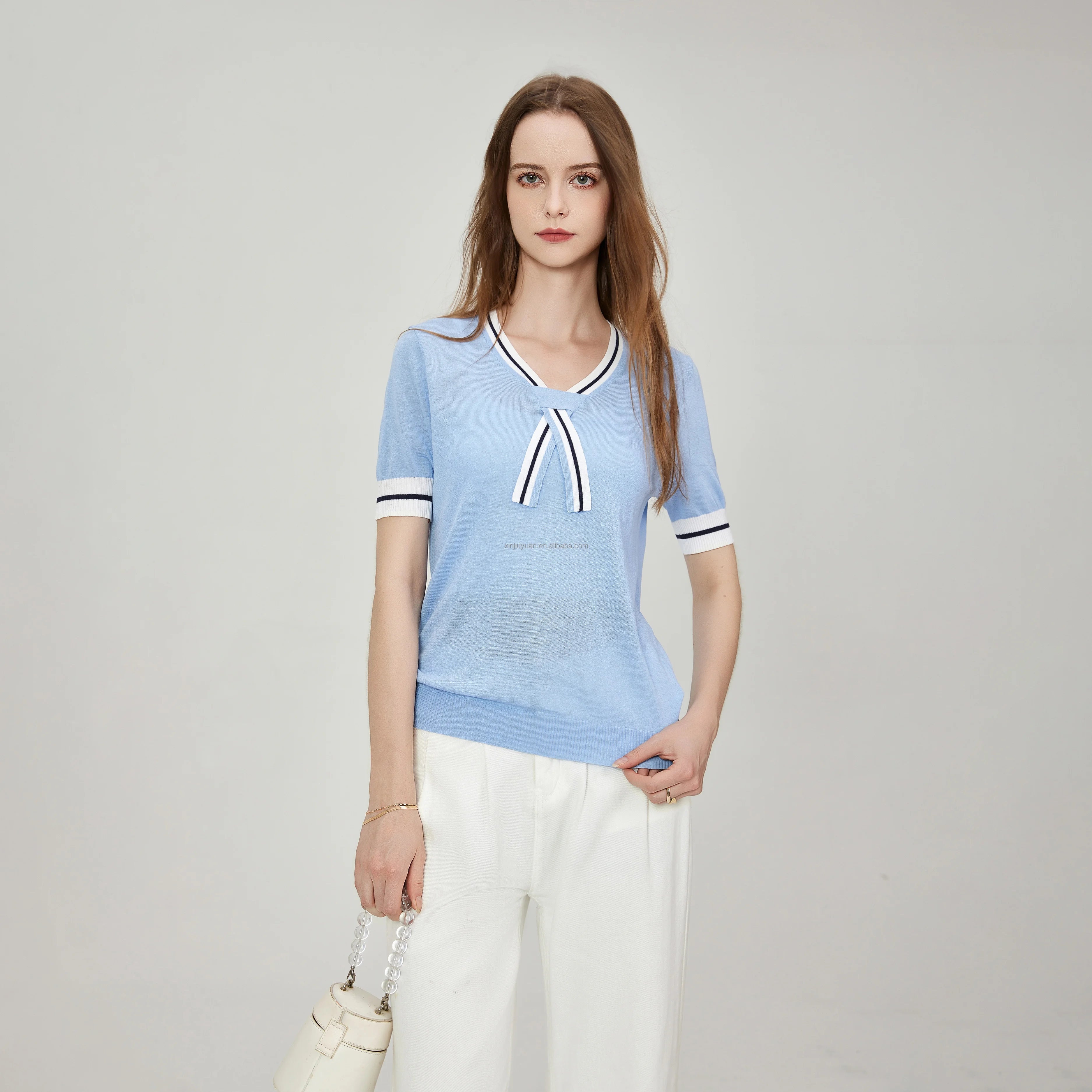 Women's Striped Sailor Collar Short Sleeve Casual Knit Top Ribbed Hem Casual Crewneck Knit Shirt