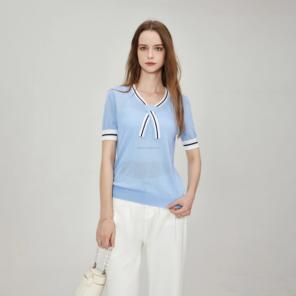 Women's Striped Sailor Collar Short Sleeve Casual Knit Top Ribbed Hem Casual Crewneck Knit Shirt