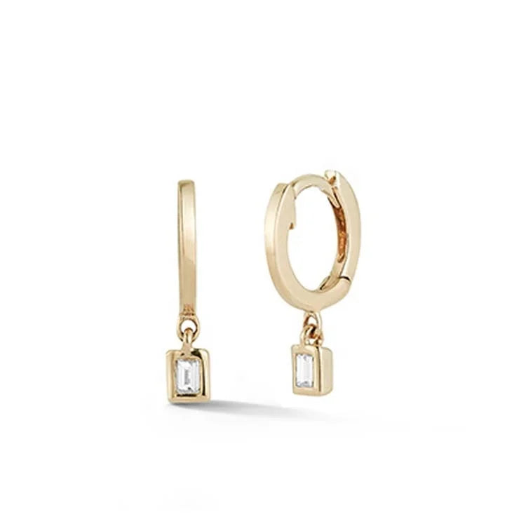 LOZRUNVE 925 Sterling Silver Gold Plated Delicate Solitaire Bezel Baguette Drop Mini Huggie Earring