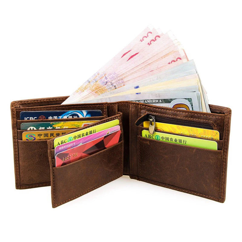 Men Genuine Leather RFID Blocking Open Closure Vintage Short Minimalist Wallet with Polyester Lining Customized Mini Slim