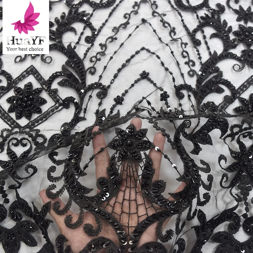French Black Tulle Pearls Lace Fabrics With Sequins Handmade Beaded Fabric for Wedding Dress HY1267-1