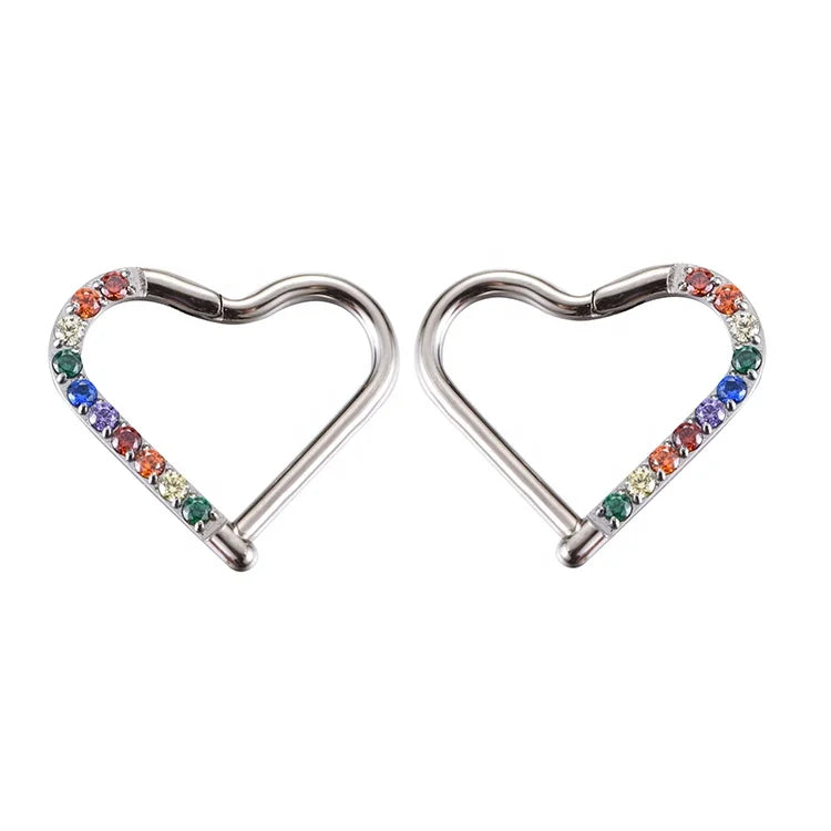 ASTM F136 Titanium Rainbow Zircon Heart Clicker Earrings Tragus Piercing