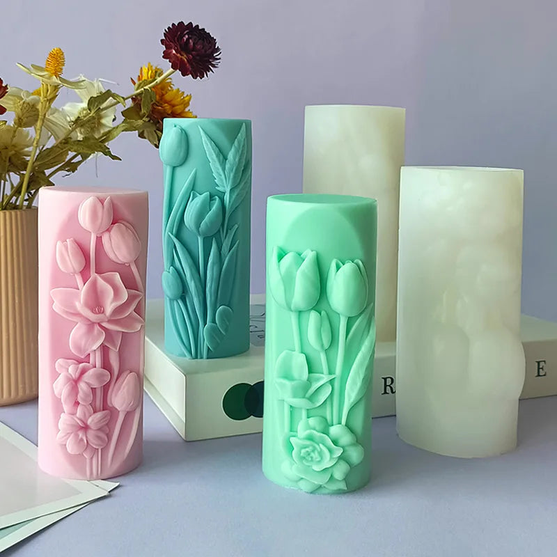 BJ10-324  Tulip Flowers Cylinder Aromatherapy Candle Silicone Mold Diy Handmade Candle Plaster Ornaments Abrasives