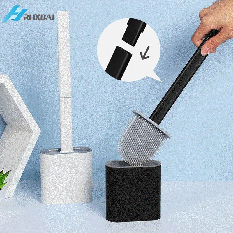 Breathable Toilet Brush Water Leak Proof with Base Silicone Wc Flat Head Flexible Soft Bristles Brush with Quick Drying Holder