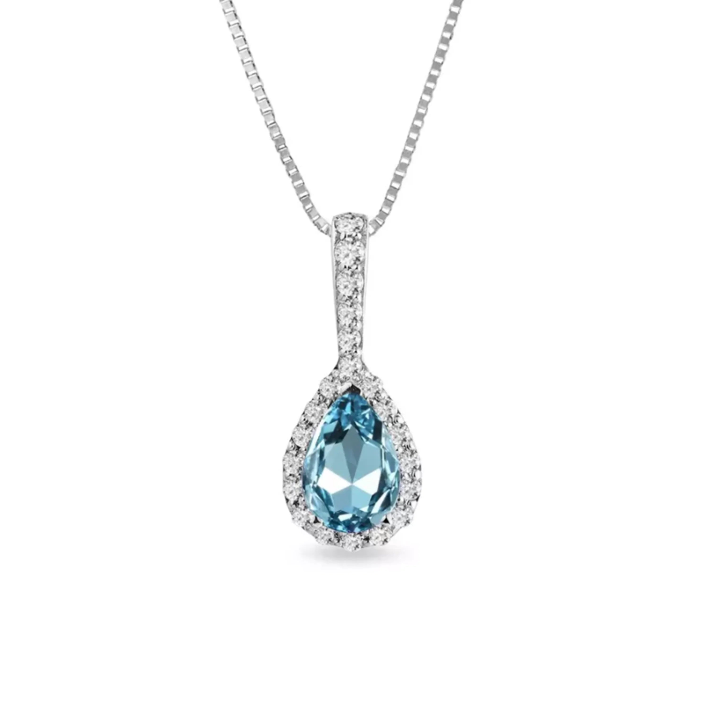 Dainty Simple 925 Sterling Sliver Birthday Stone for Girls Aquamarine Blue Cubic Zircon Jewelry Pear Cut Pendant Rhodium Plated