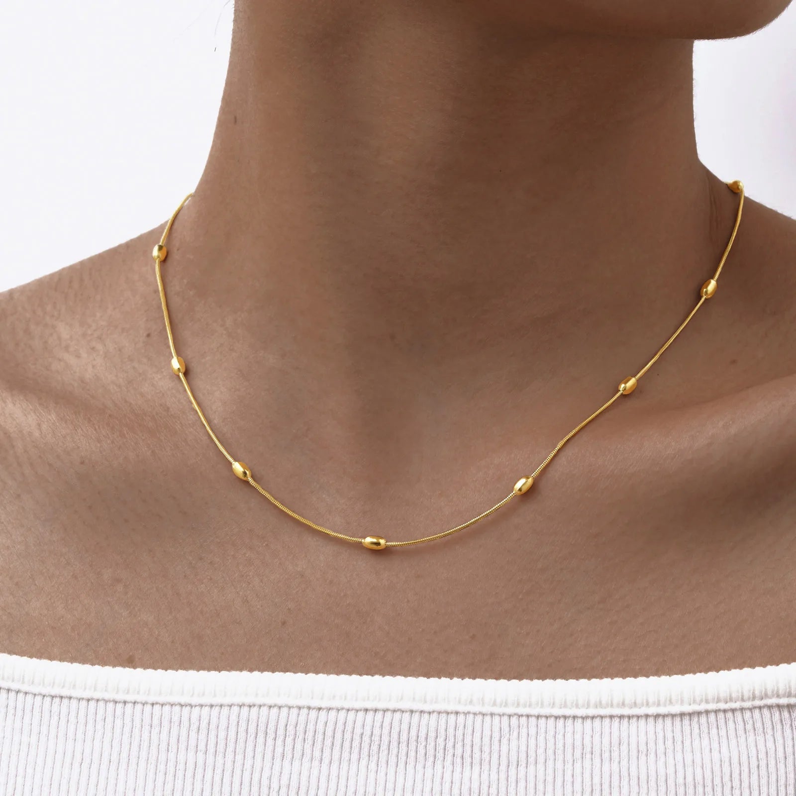 Wholesale Stainless Steel Simple Jewelry 18k Gold Plated Charm Bead Round Snake Chain Necklace for Women