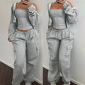 Cotton 3 Piece Crop Sweatsuit Cargo Sweatpants and Hoodie Set Women Tracksuit With Corset Top
