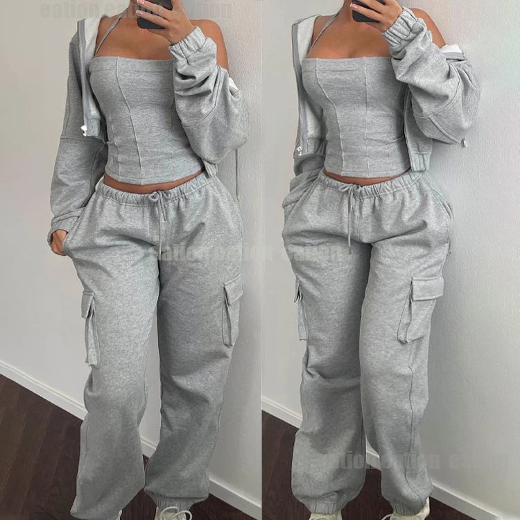 Cotton 3 Piece Crop Sweatsuit Cargo Sweatpants and Hoodie Set Women Tracksuit With Corset Top