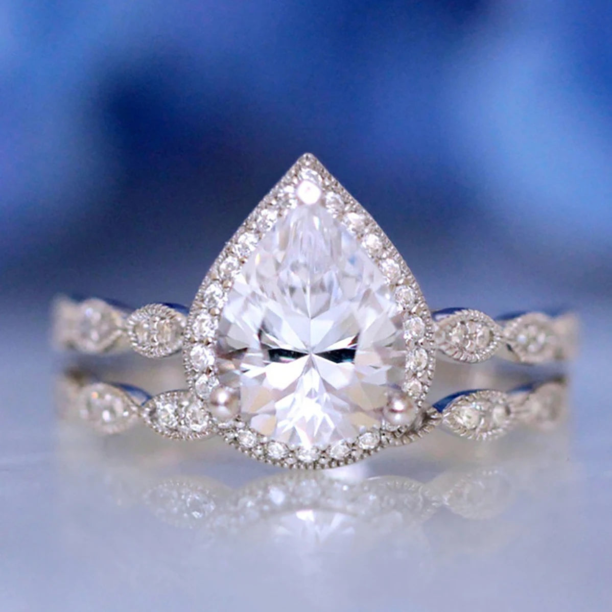CAOSHI Custom Elegant Water Drop Design Crystal 2Pcs Set Ring for Women Engagement Wedding Couple CZ Silver Plated Rings Jewelry