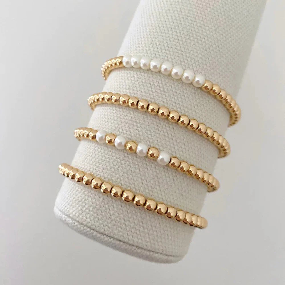 Go2boho Luxury Imitation Pearl Beaded Jewelry Delicate Gold Beaded Bracelet Stack 18K Gold Filled Beaded Bracelets for Women