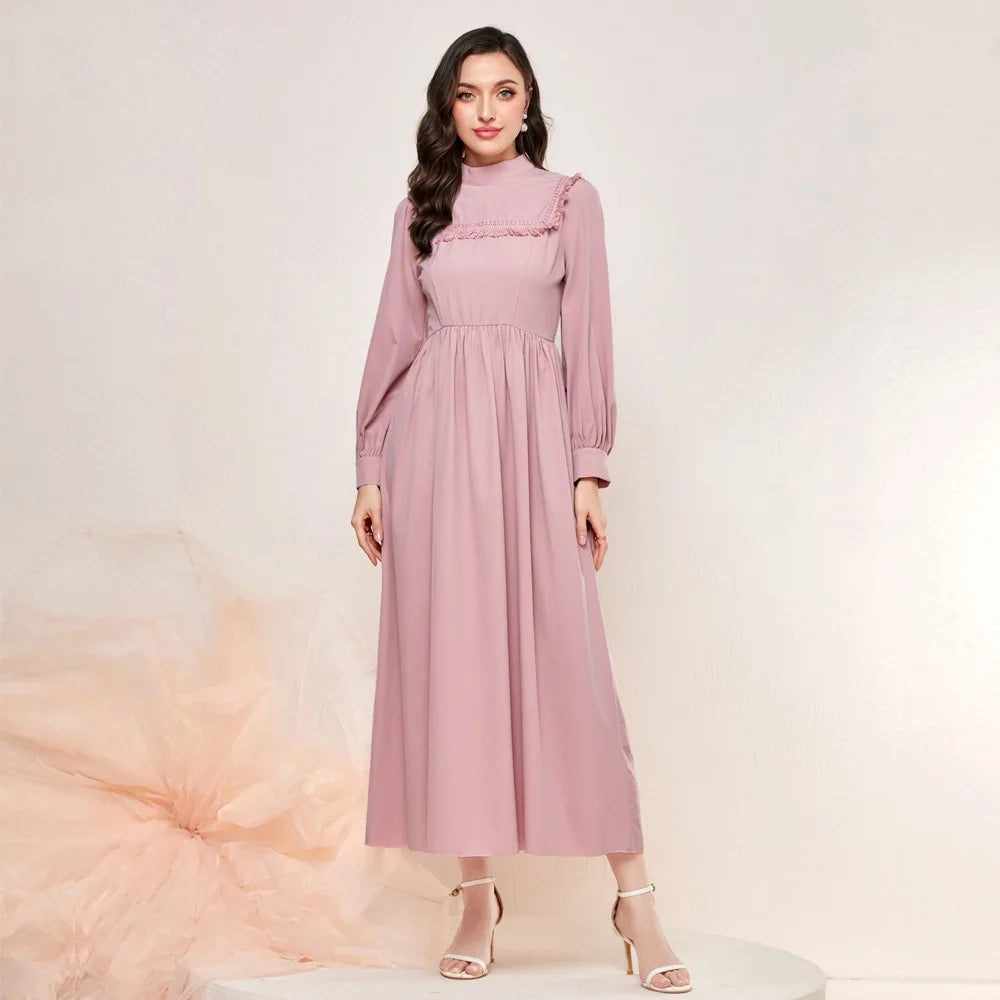 EID Abaya Dubai Turkey Solid Color Simple Modest Kaftan Patchwork Fringed High Waist Dress Turkish Abaya Muslim Woman
