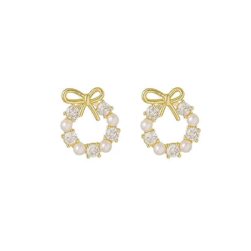 AA00187 Wholesale Geometric Round Diamond Pearls Bow Knot Earring Bow Tie Stud Earrings