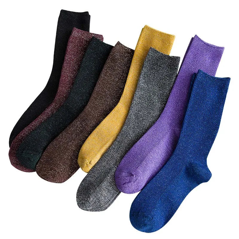 Fashion Solid Crew Ribbed Hot Sale Loose Korean Teen Lady Plain Soft Lurex Socks for Women