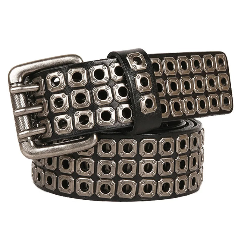Rock Hollow Out Rivet Three-Wire Pin Buckle Y2k Punk Rock Western Studded Belts Women Cowhide Genuine Leather Belt