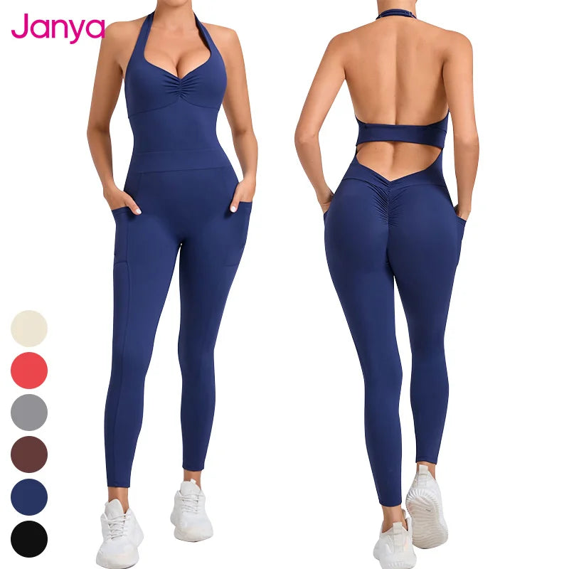 Scrunch Butt Pockets Sports Rompers Halter Gym Bodysuit Backless Fitness Workout Jumpsuits One Piece Yoga Jumpsuit Women's Sets