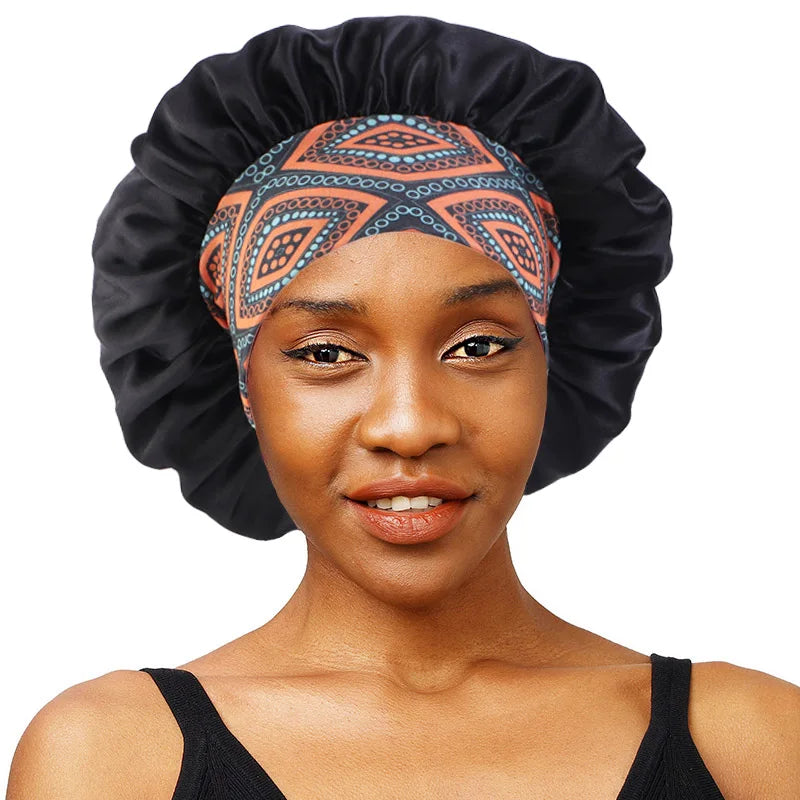 Medium Size Night Cap African Pattern Printed Women Sleep Bonnet With Elastic Wide Band Sleep Cap Satin Bonnet
