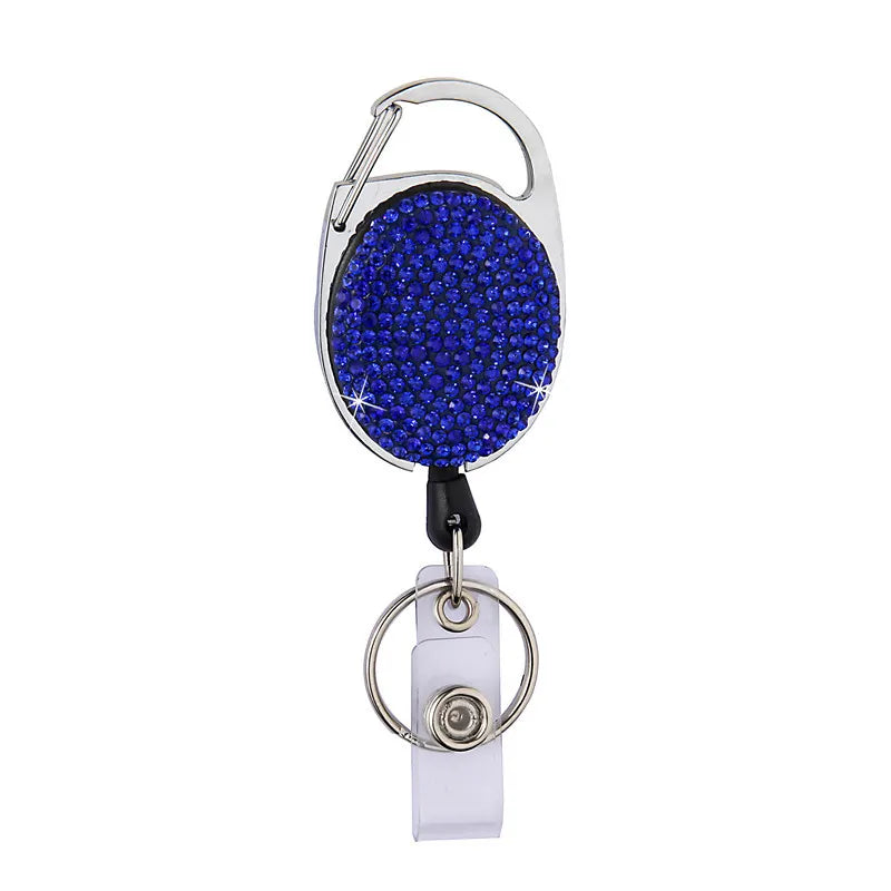 Rhinestones Alloy Round Pass ID Card Badge Easy to Pull Retractable Keychain Heavy Duty Push Pull Chain Retractable Keychain