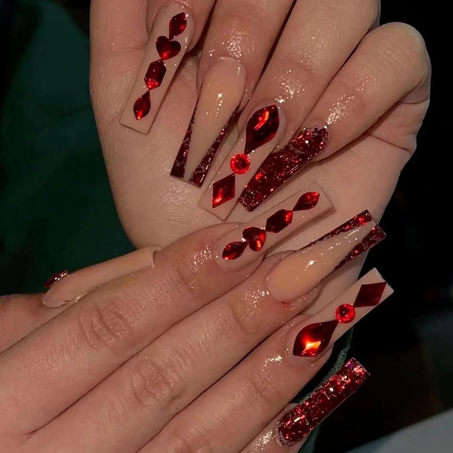 Glossy 3D Crystal Long Square Press on Nails Bling Rhinestones Fake Artificial Nails for Woman and Girls