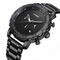 SINOBI New Black Men's Fashion Alloy Stainless Steel Quartz Watch with Glass Dial Multifunctional for Waterproof