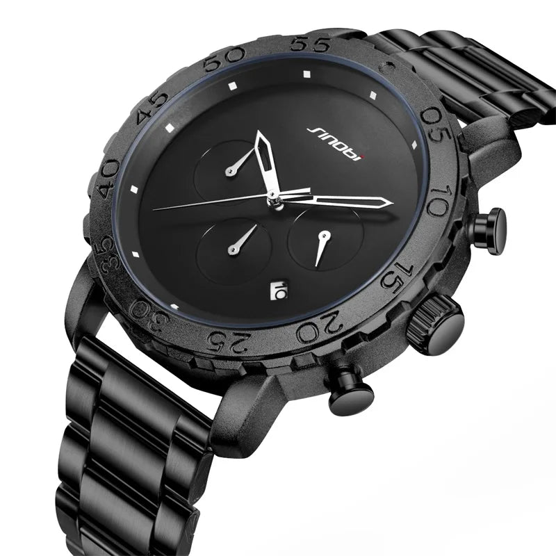 SINOBI New Black Men's Fashion Alloy Stainless Steel Quartz Watch with Glass Dial Multifunctional for Waterproof