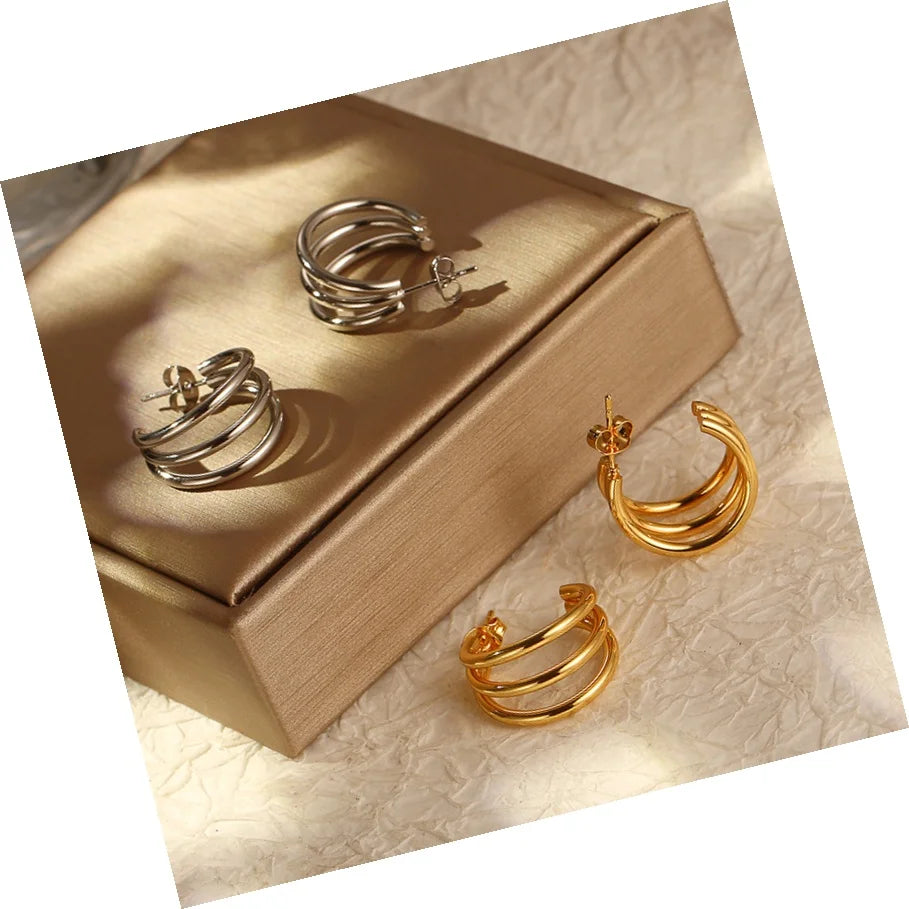 DAIHE Trend Jewelry Waterproof Stainless Steel Hip Hop Chunky Double Circle Gold Stud Earrings for Woman Gift