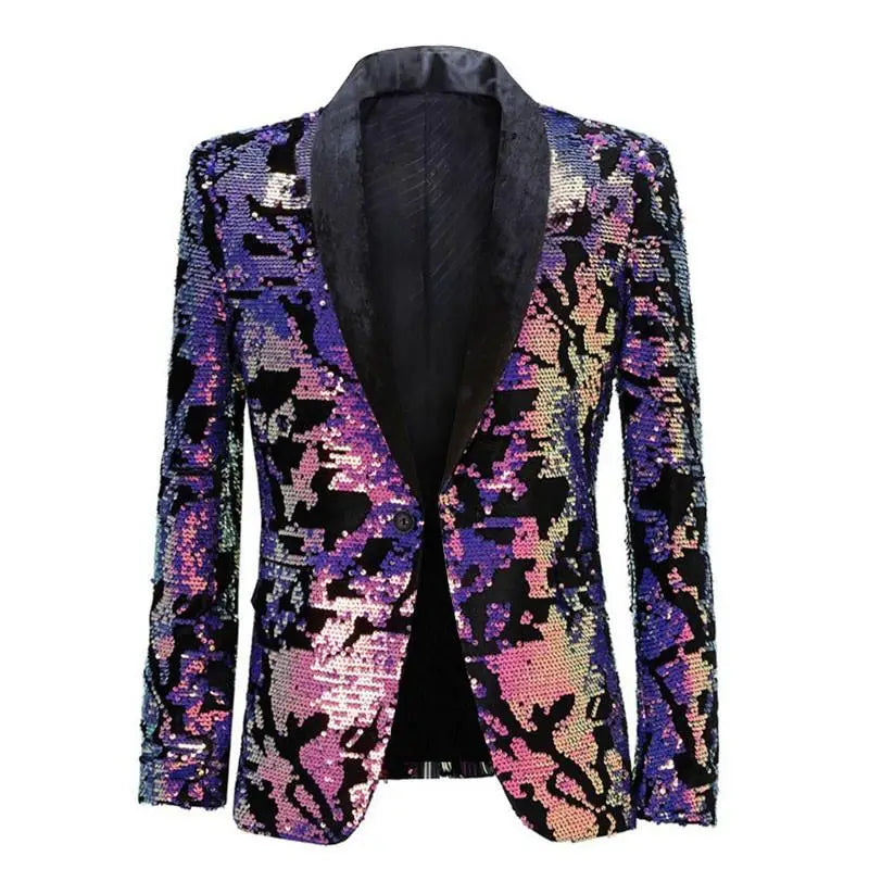 10% XS-3XL Men's Blue Purple Velvet Sequin Casual Suit Jacket DJ Singer Sparkling Coat Prom Costume