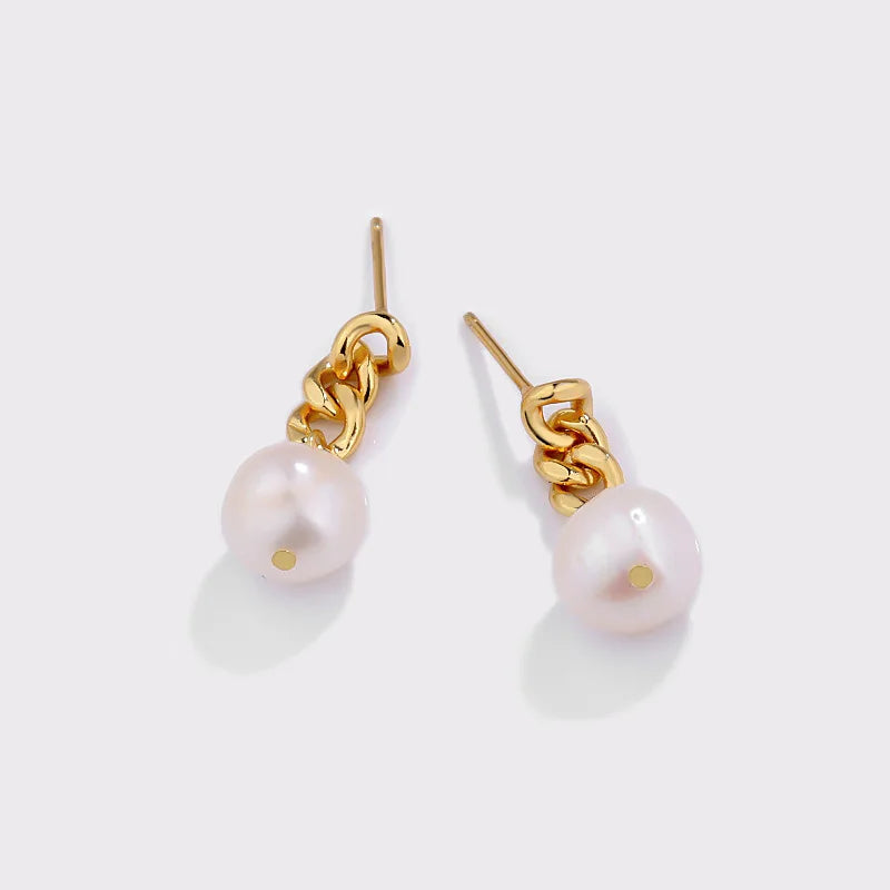E161 Luxury Vintage 18k Gold Plated Chain 925 Sterling Silver Earrings 9mm Baroque Pearl Drop Earring Women