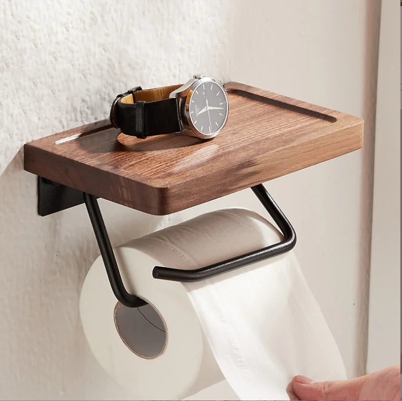 Creative Solid Walnut Wooden Bathroom Hole-Free Toilet Paper Roll and Towel Tray