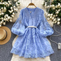 Boutique wholesale 2025 spring new fashionable and sweet V-neck lantern sleeves embroidered slimming A-line women's dress