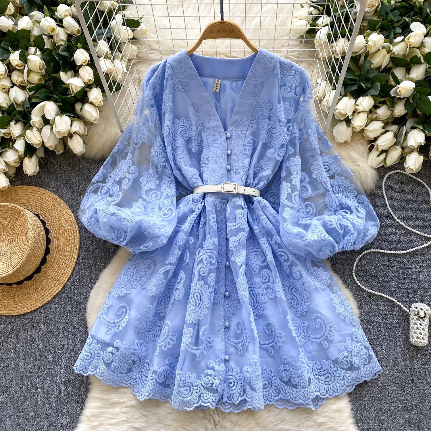 Boutique wholesale 2025 spring new fashionable and sweet V-neck lantern sleeves embroidered slimming A-line women's dress