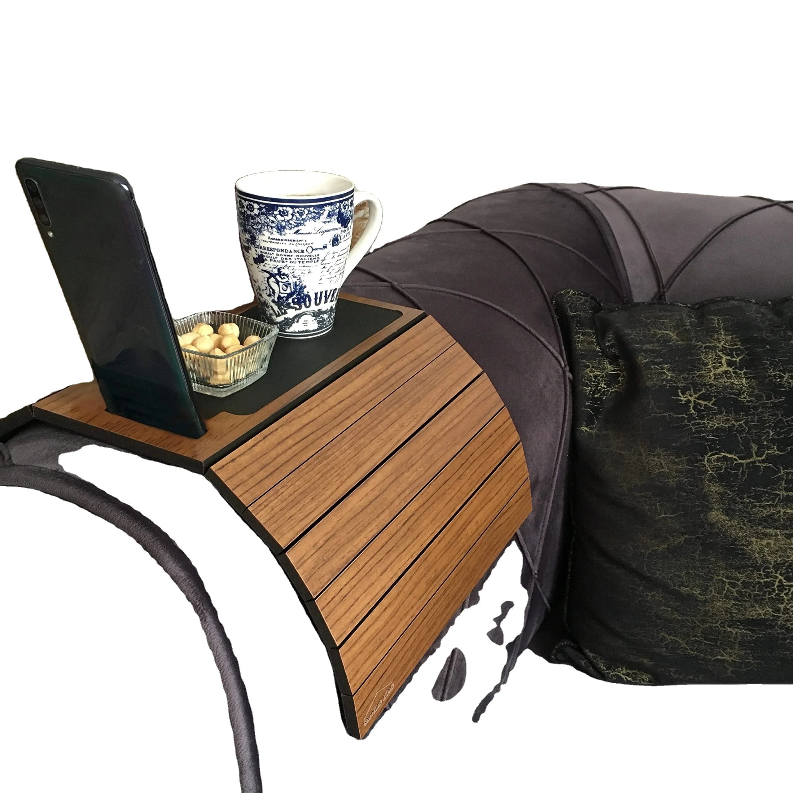 Large Foldable & Flexible Couch Armrest Tray with Phone Holder Bamboo Function Table Couch Arm Table Natural