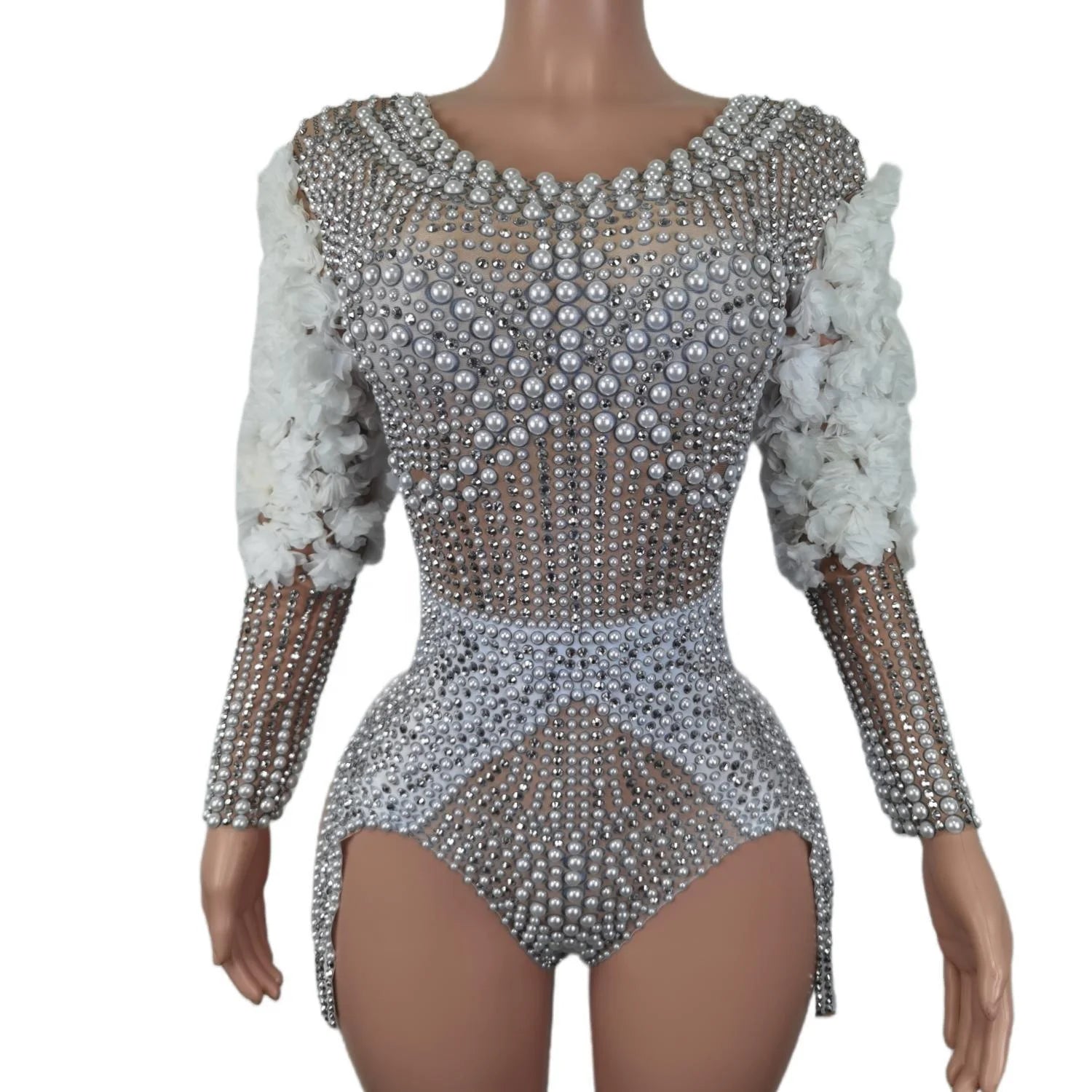 Fashion Long Sleeve White Pearls Stage Dancer Leotard Singer Rompers Women One Piece Short Jumpsuit Sexy Rhinestone Bodysuits