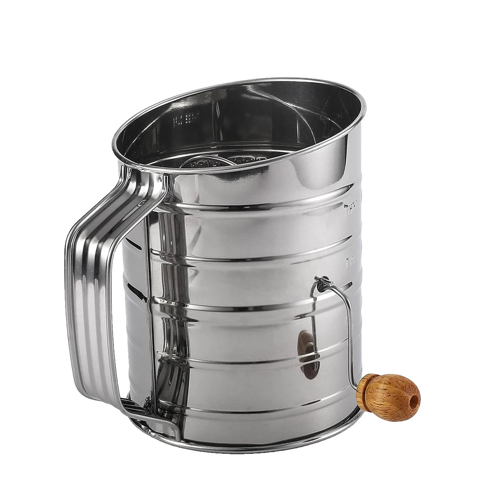 Manjia 3 Cup  Stainless Steel Rotary Hand Crank Flour Sifter With 2 Wire Agitator Rotary Hand Crank Flour Sifter