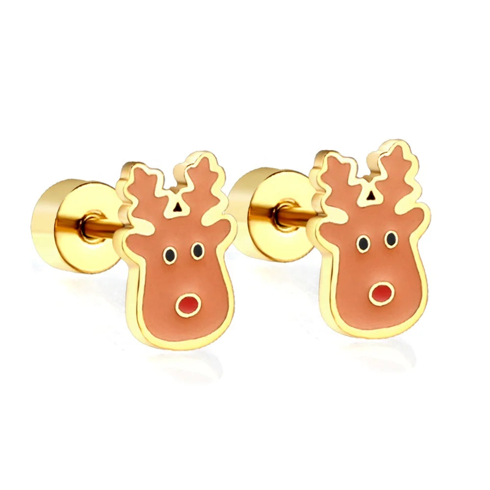 Customized Cute Christmas Earrings Gift Women Children Jewelry Earrings Stainless Steel 18K Gold Plated Screw Plug Earrings