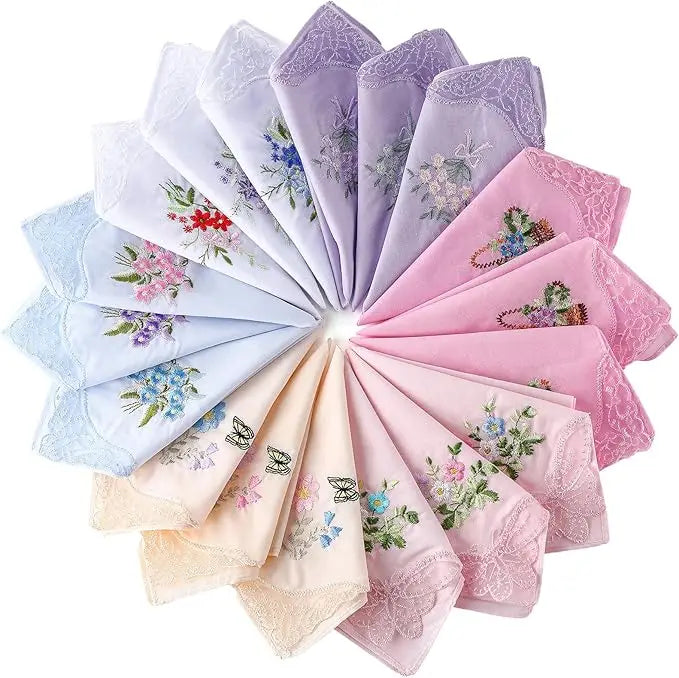Wholesale Premium 100% Soft 60s Cotton Small Handkerchiefs 11*11 Inch Flower Embroidered Hankies with Lace for Women