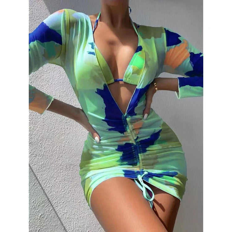 New Arrival Green Color Bikini Set Long Sleeve Women Fitness Swimwear Sexy 3 Piece Swimsuit