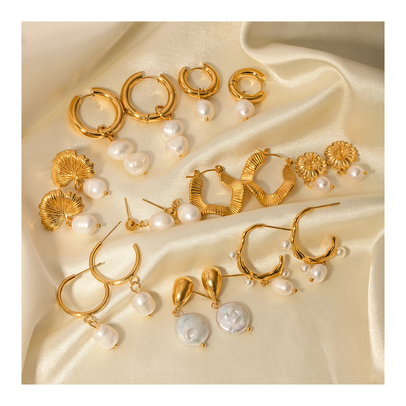 ERESI Fashion Jewelry Stainless Steel Wave CC Hoop Earring Waterproof 18K Gold Plated Freshwater Pearl Drop Earring