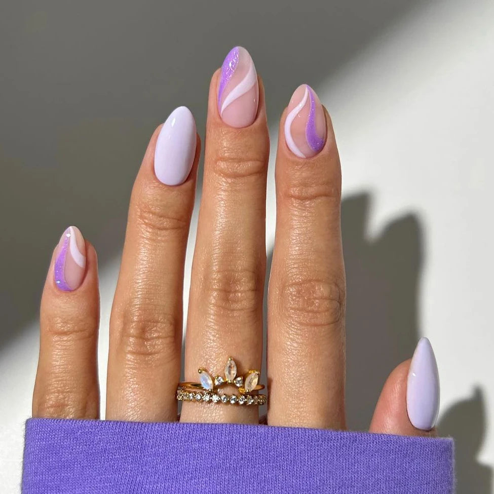 Private Label Custom Glitter Shinny Line Design Short Almond Purple Gel Press on Nails Wholesale Fake Artificial Nails Press on