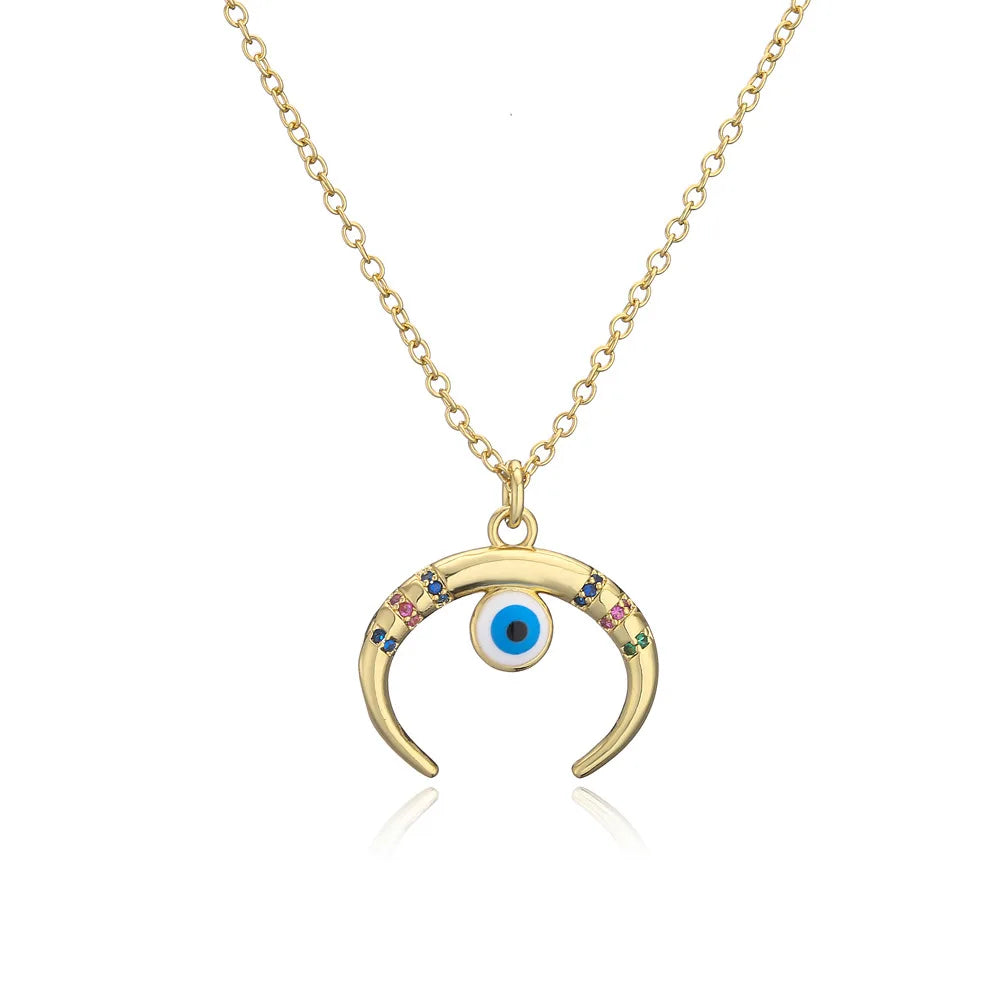 European Retro Ethnic Style Colorful Oil Drop Moon Evil Eye Necklace Copper Zircon Evil Eye Necklace