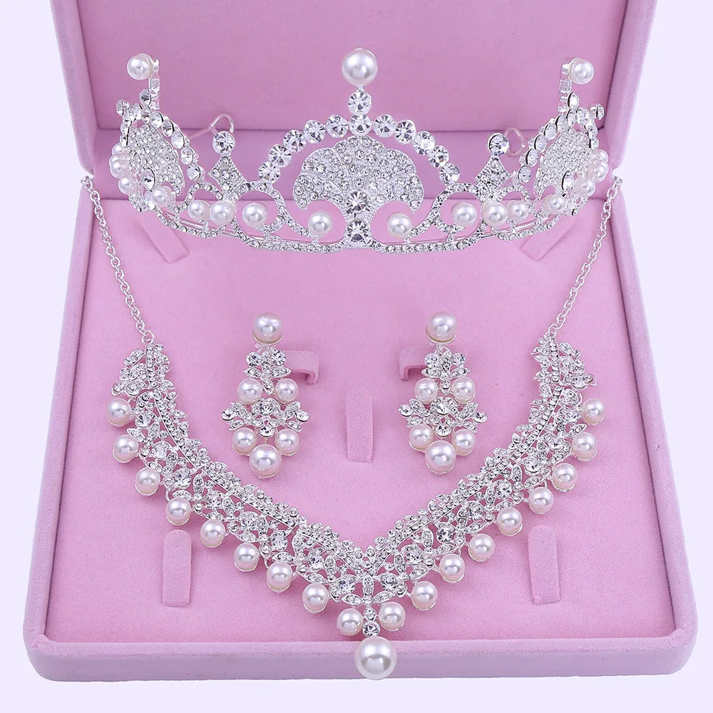 New Bride Headdress Wedding Accessories Three-piece Pearl Necklace Earrings Wedding Crown Tiara Necklaces Jewelry Set