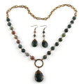 Fashion Women Jewelry Set Rosary Chain 8mm Africa Turquoise Bronze Chain Necklace Drop Pendant Choker Necklace Earring Set
